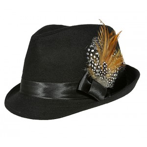 Fedora Hat – 12 PCS Wool-felt w/ Satin Ribbon Bow & Feather - Black - HT-AHA51777BK